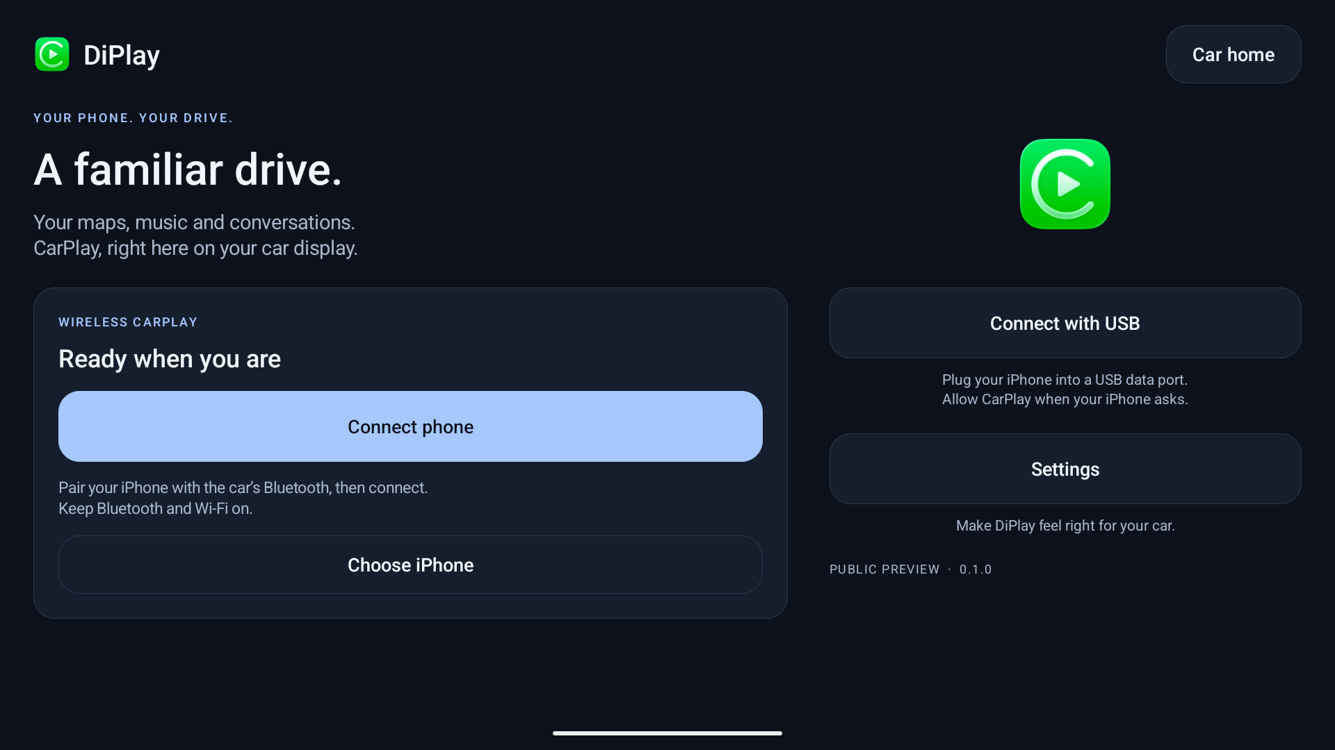 DiPlay 比亚迪安卓车机 CarPlay 无线与 USB 连接主界面